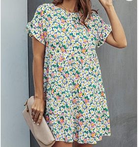 KIRUNDO Summer Floral  Ruffle Mini Dress Short Sleeves Round Neck Size XXL